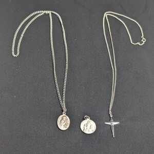 Religious Pendant Necklaces Silvertone St Georges,  Canadian Martyrs & Cross